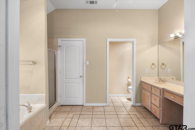 full bath with a garden tub, vanity, a shower stall, and tile patterned floors