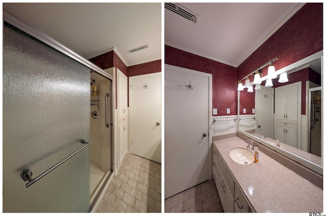 2929 Dinah Ln, Tyler, TX 75701 - full bathroom with a shower stall, vanity, ornamental molding, and tile patterned flooring