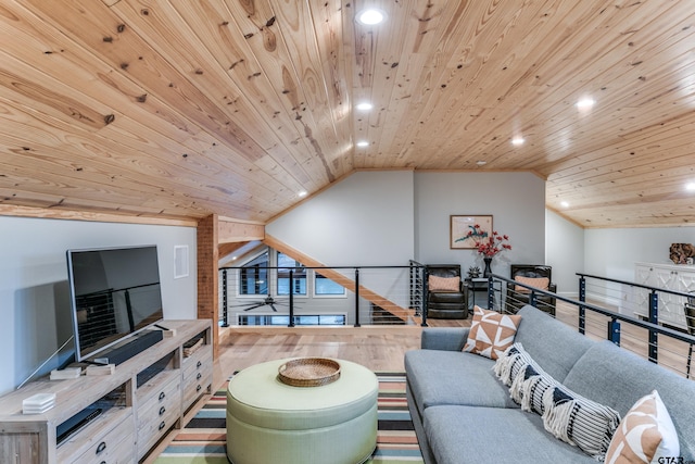 interior space featuring recessed lighting, an upstairs landing, wood ceiling, and vaulted ceiling