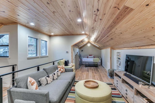 living area with built in shelves, wood finished floors, lofted ceiling, recessed lighting, and wood ceiling