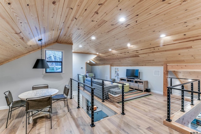 playroom with wood finished floors, baseboards, recessed lighting, vaulted ceiling, and wood ceiling