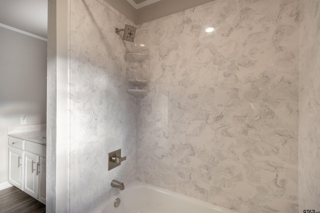 full bathroom with crown molding, vanity, and shower / bath combination