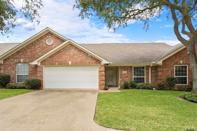 single story home featuring a front yard and a garage