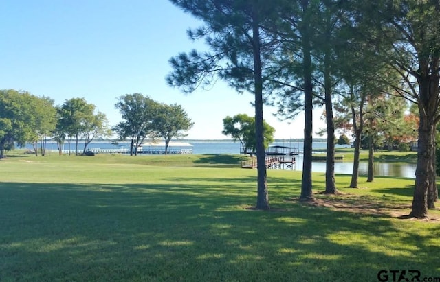 surrounding community with a water view and a lawn