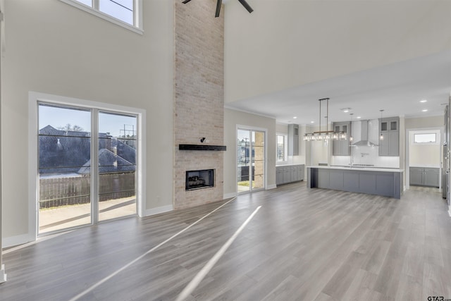 unfurnished living room with a towering ceiling, light hardwood / wood-style floors, and a healthy amount of sunlight