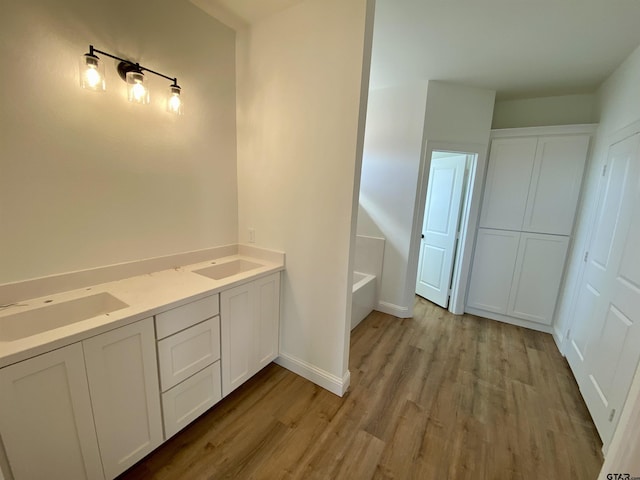 full bath with a sink, baseboards, wood finished floors, and a washtub