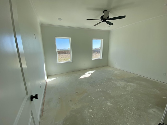 unfurnished room with crown molding, unfinished concrete flooring, and a ceiling fan