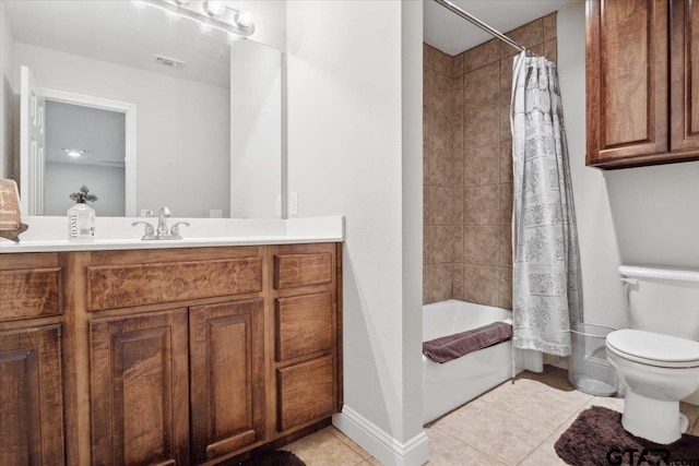 full bathroom with vanity, shower / bath combo with shower curtain, tile patterned flooring, and toilet