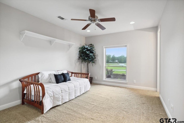 bedroom featuring carpet and ceiling fan