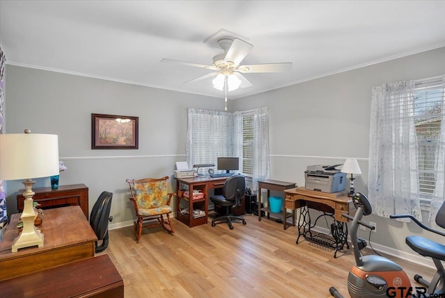 office featuring light wood-type flooring, a wealth of natural light, ornamental molding, and ceiling fan