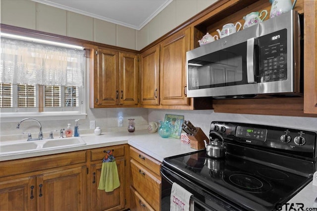 kitchen featuring black electric range oven, ornamental molding, and sink