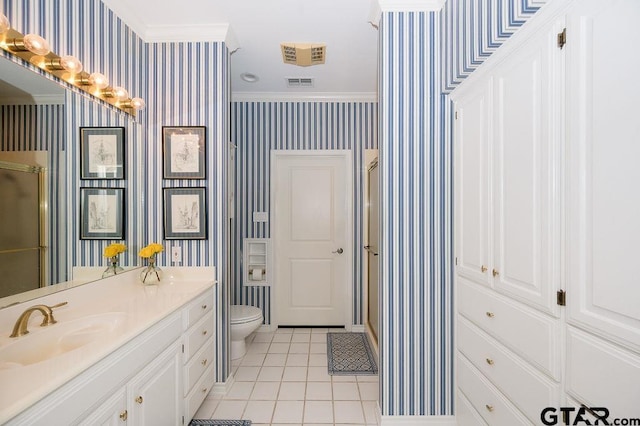 bathroom featuring wallpapered walls, ornamental molding, visible vents, and a sink