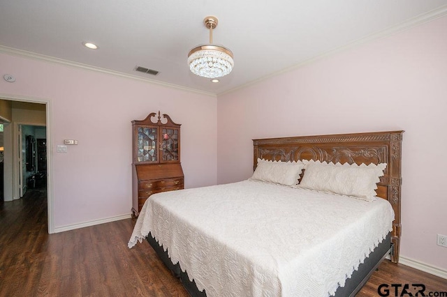 bedroom featuring visible vents, crown molding, baseboards, and dark wood-style flooring