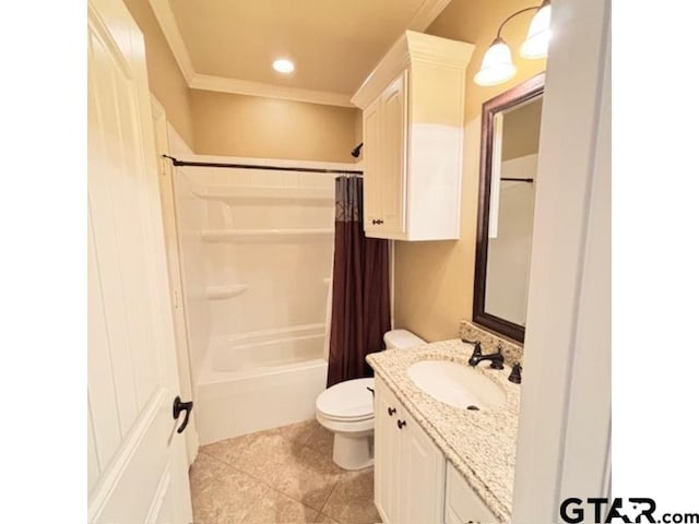 3673 Southwood Dr, Tyler, TX 75707 - full bathroom with crown molding, shower / bath combo, vanity, tile patterned floors, and toilet
