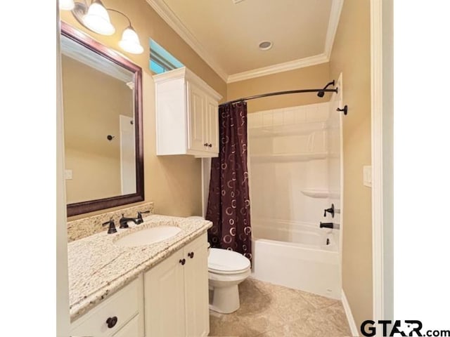 3673 Southwood Dr, Tyler, TX 75707 - bathroom featuring crown molding, vanity, tile patterned floors, toilet, and shower / tub combo with curtain