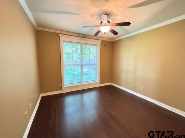 3673 Southwood Dr, Tyler, TX 75707 - spare room with baseboards, ornamental molding, dark wood-style flooring, and ceiling fan