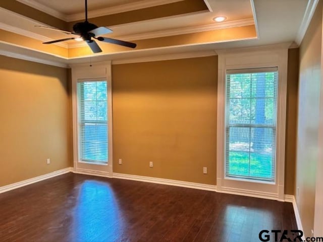 3673 Southwood Dr, Tyler, TX 75707 - unfurnished room with crown molding, plenty of natural light, a tray ceiling, and dark wood-style flooring