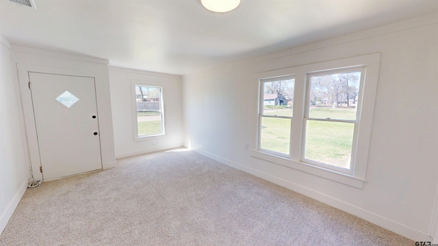 foyer entrance featuring baseboards, light colored carpet, and plenty of natural light