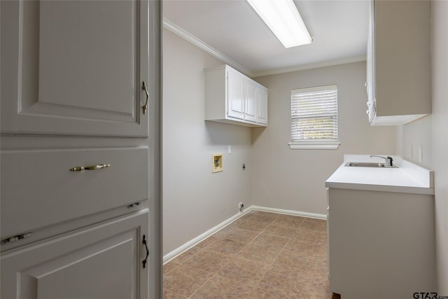 washroom featuring sink, cabinets, washer hookup, hookup for an electric dryer, and crown molding