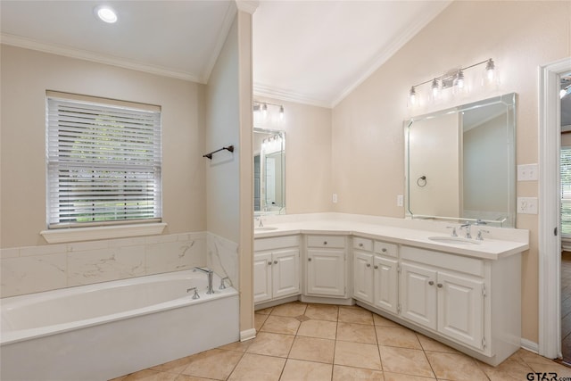 bathroom featuring a bathing tub, tile patterned flooring, crown molding, vaulted ceiling, and vanity