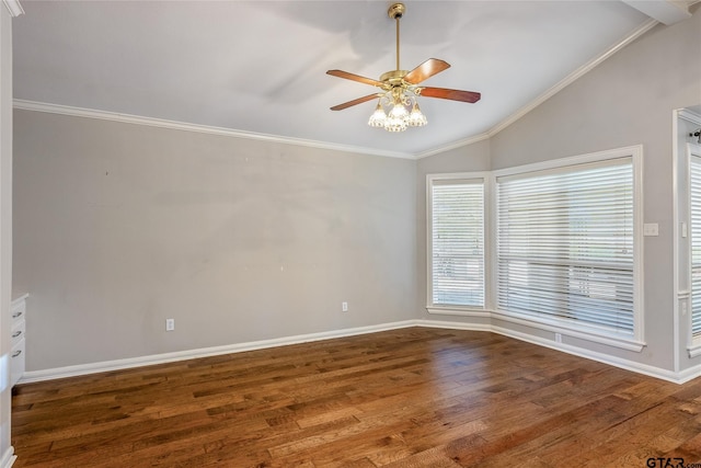 unfurnished room featuring wood-type flooring, vaulted ceiling, ceiling fan, and crown molding