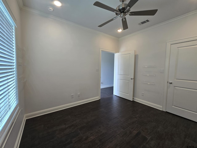 823 Lindsey Ln, Whitehouse, TX 75791 - spare room featuring a ceiling fan, dark wood finished floors, ornamental molding, and a smoke detector