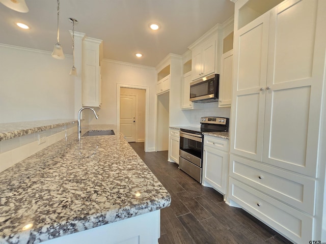 823 Lindsey Ln, Whitehouse, TX 75791 - kitchen with appliances with stainless steel finishes, light stone counters, ornamental molding, backsplash, and white cabinets