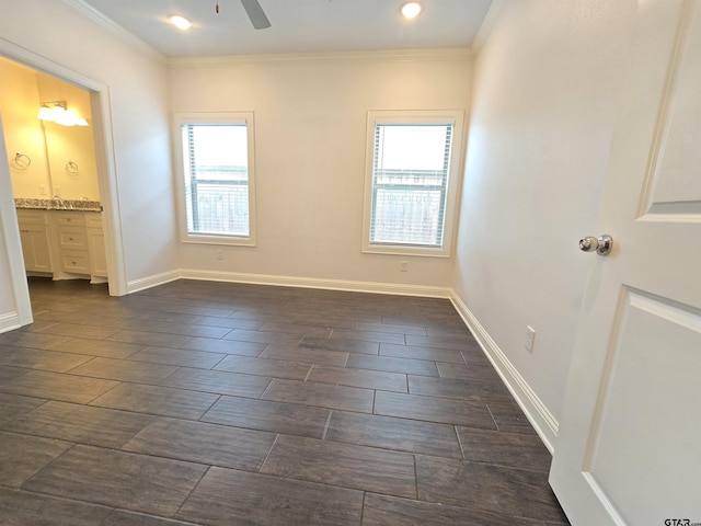823 Lindsey Ln, Whitehouse, TX 75791 - unfurnished bedroom featuring wood finish floors, ornamental molding, connected bathroom, and a ceiling fan