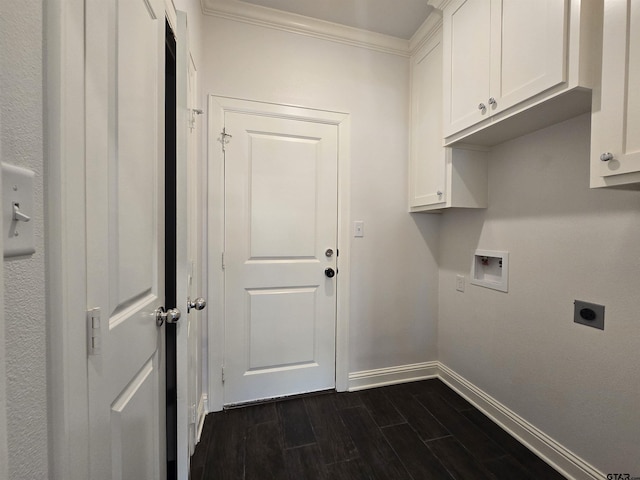 823 Lindsey Ln, Whitehouse, TX 75791 - laundry room with electric dryer hookup, cabinet space, crown molding, washer hookup, and dark wood-type flooring