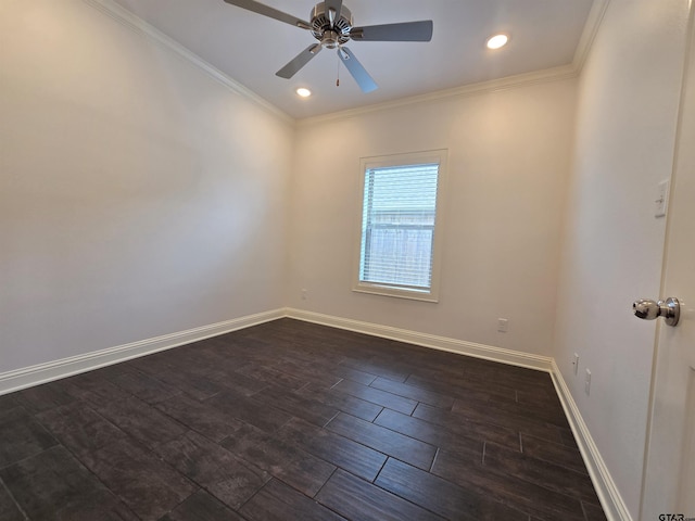 823 Lindsey Ln, Whitehouse, TX 75791 - spare room featuring a ceiling fan, dark wood-type flooring, crown molding, and recessed lighting