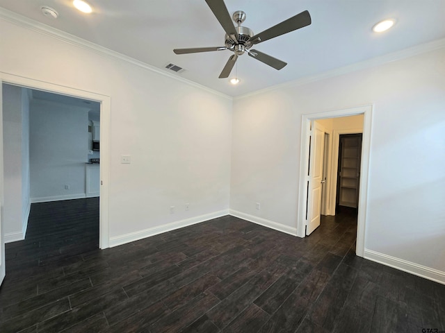 823 Lindsey Ln, Whitehouse, TX 75791 - empty room featuring ornamental molding, dark wood finished floors, ceiling fan, recessed lighting, and a smoke detector