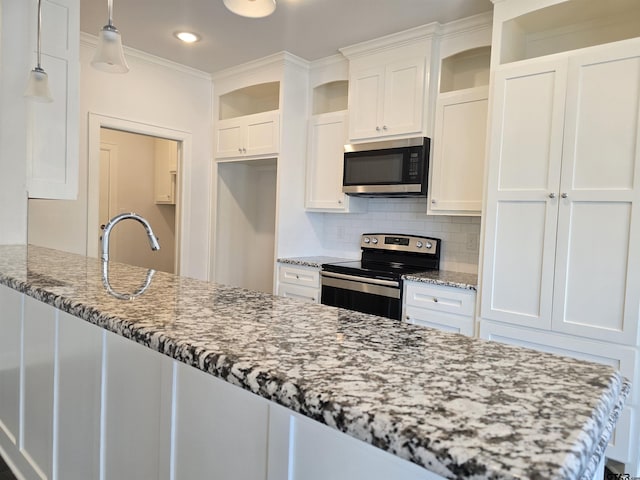 823 Lindsey Ln, Whitehouse, TX 75791 - kitchen featuring appliances with stainless steel finishes, open shelves, stone counters, white cabinets, and ornamental molding