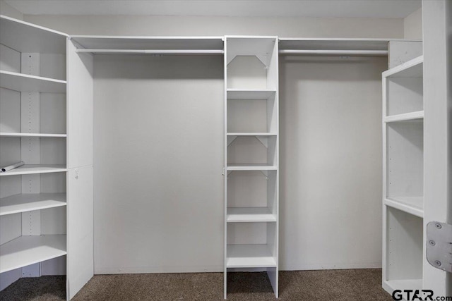 spacious closet featuring dark colored carpet