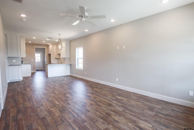 216 Nolan Farms Blvd, Winona, TX 75792 - unfurnished living room with baseboards, recessed lighting, dark wood-style flooring, and a ceiling fan