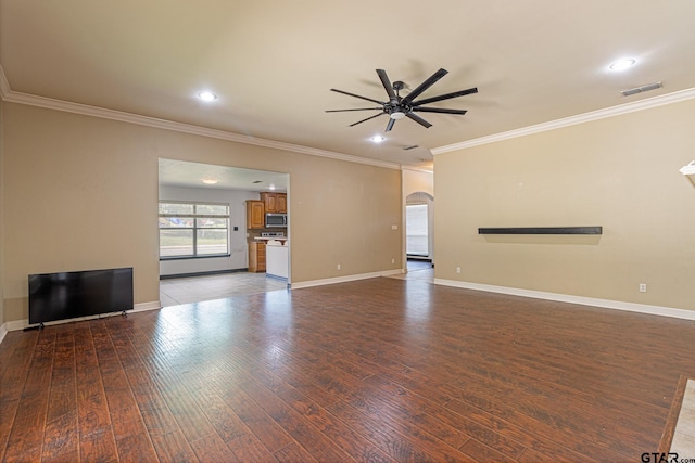 unfurnished living room featuring crown molding, hardwood / wood-style flooring, and ceiling fan