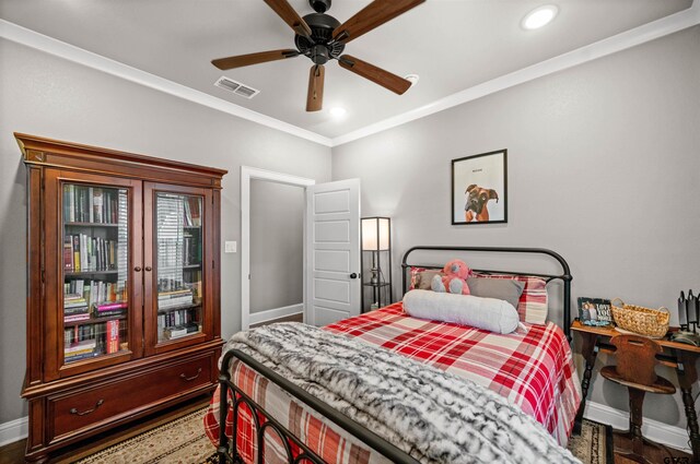 21562 Castle Rock Cir, Bullard, TX 75757 - bedroom with baseboards, crown molding, a ceiling fan, and recessed lighting