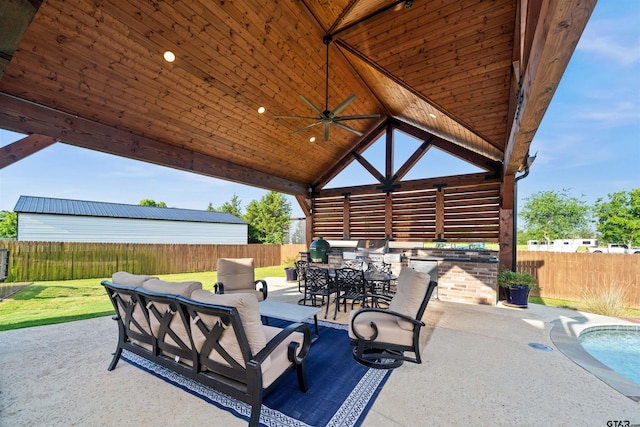 21562 Castle Rock Cir, Bullard, TX 75757 - view of patio featuring ceiling fan, a fenced backyard, outdoor dining space, and area for grilling