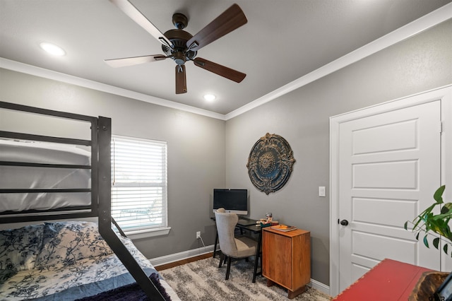 21562 Castle Rock Cir, Bullard, TX 75757 - bedroom featuring crown molding, baseboards, an office area, recessed lighting, and a ceiling fan