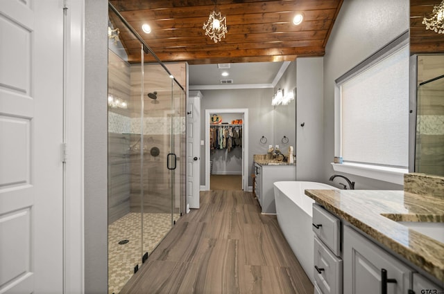 21562 Castle Rock Cir, Bullard, TX 75757 - full bathroom featuring a shower stall, a soaking tub, vanity, ornamental molding, and a walk in closet