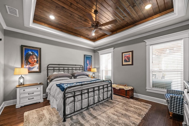 21562 Castle Rock Cir, Bullard, TX 75757 - bedroom featuring a raised ceiling, wood ceiling, baseboards, dark wood-style flooring, and ornamental molding