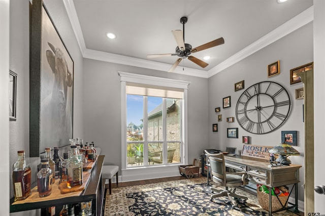 21562 Castle Rock Cir, Bullard, TX 75757 - office area with ornamental molding, a ceiling fan, recessed lighting, wood finished floors, and baseboards