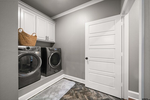 21562 Castle Rock Cir, Bullard, TX 75757 - laundry room with washer and clothes dryer, cabinet space, ornamental molding, and baseboards