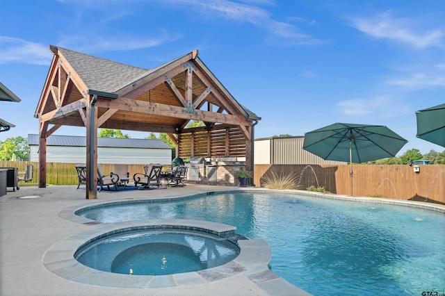 21562 Castle Rock Cir, Bullard, TX 75757 - view of pool with a gazebo, a fenced backyard, a patio area, and a pool with connected hot tub