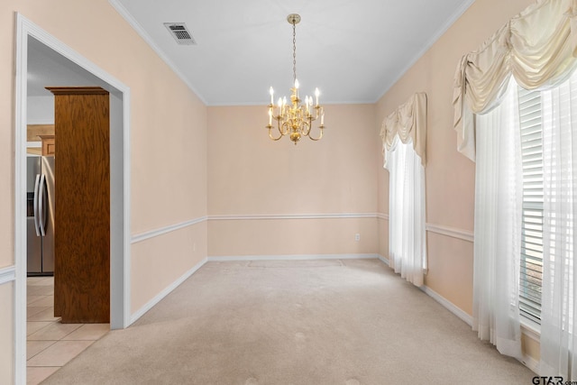 unfurnished room featuring light tile patterned floors, a chandelier, light colored carpet, visible vents, and crown molding