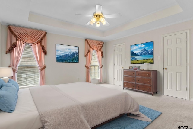 carpeted bedroom featuring ceiling fan, a raised ceiling, and crown molding