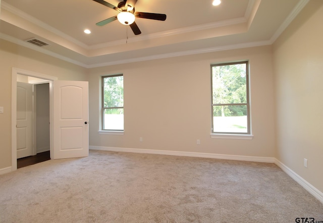 carpeted empty room featuring ornamental molding, a wealth of natural light, ceiling fan, and a raised ceiling