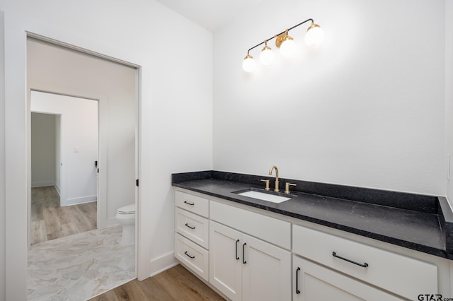 bathroom featuring wood-type flooring, toilet, and vanity