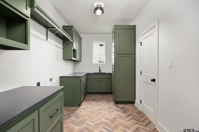 washroom featuring cabinets and dark parquet floors