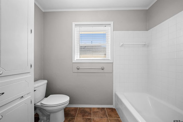 full bath with ornamental molding, baseboards, toilet, and tile patterned floors