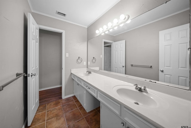 full bathroom featuring double vanity, a sink, visible vents, and crown molding